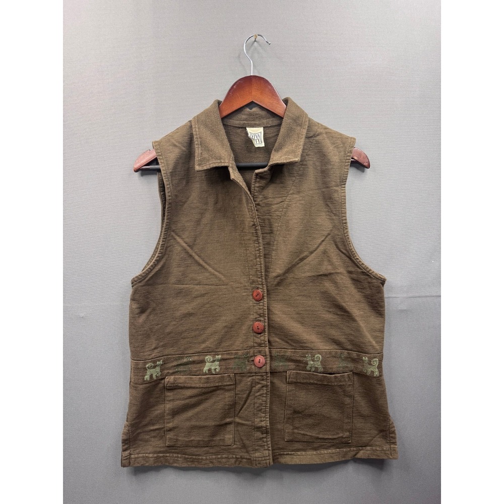 Viva City USA Vintage Brown‎ Sleeveless Button Up Embroidered Vest Women's L